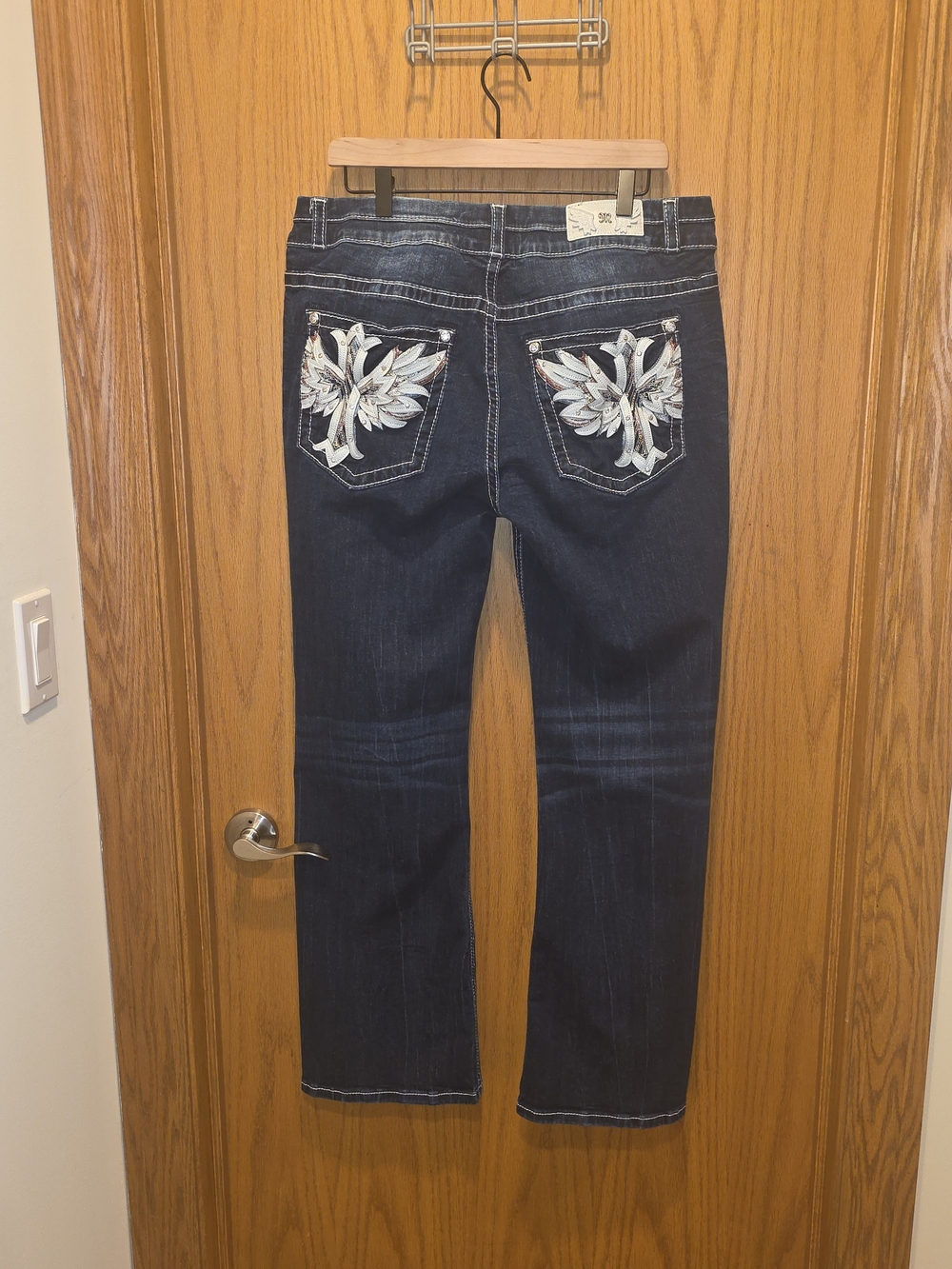 Miss Me Dark Blue Boot Cut Jeans with White Embroidered Pockets